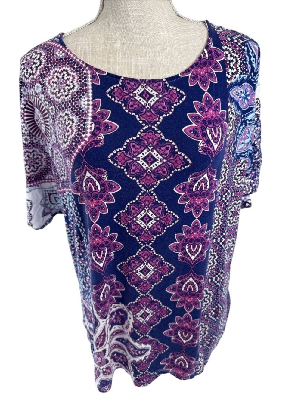 Chicos Womens Multicolor Patchwork Short Sleeve Top Size L